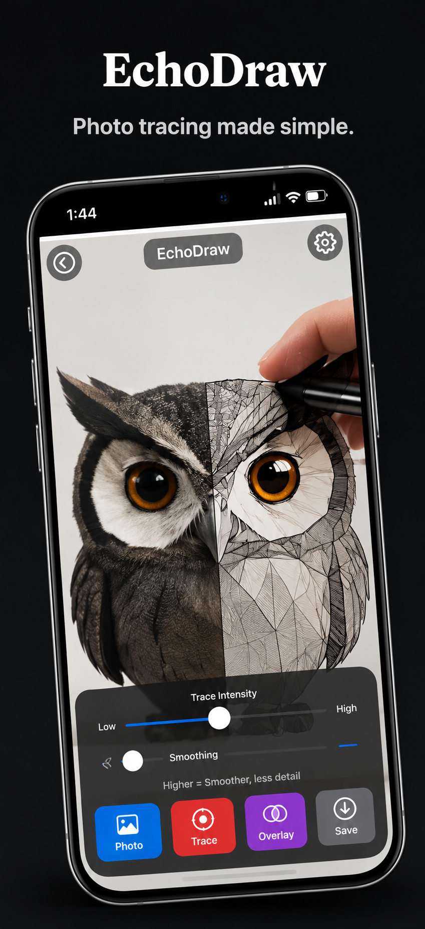 EchoDraw app screenshot showing the live camera tracing overlay